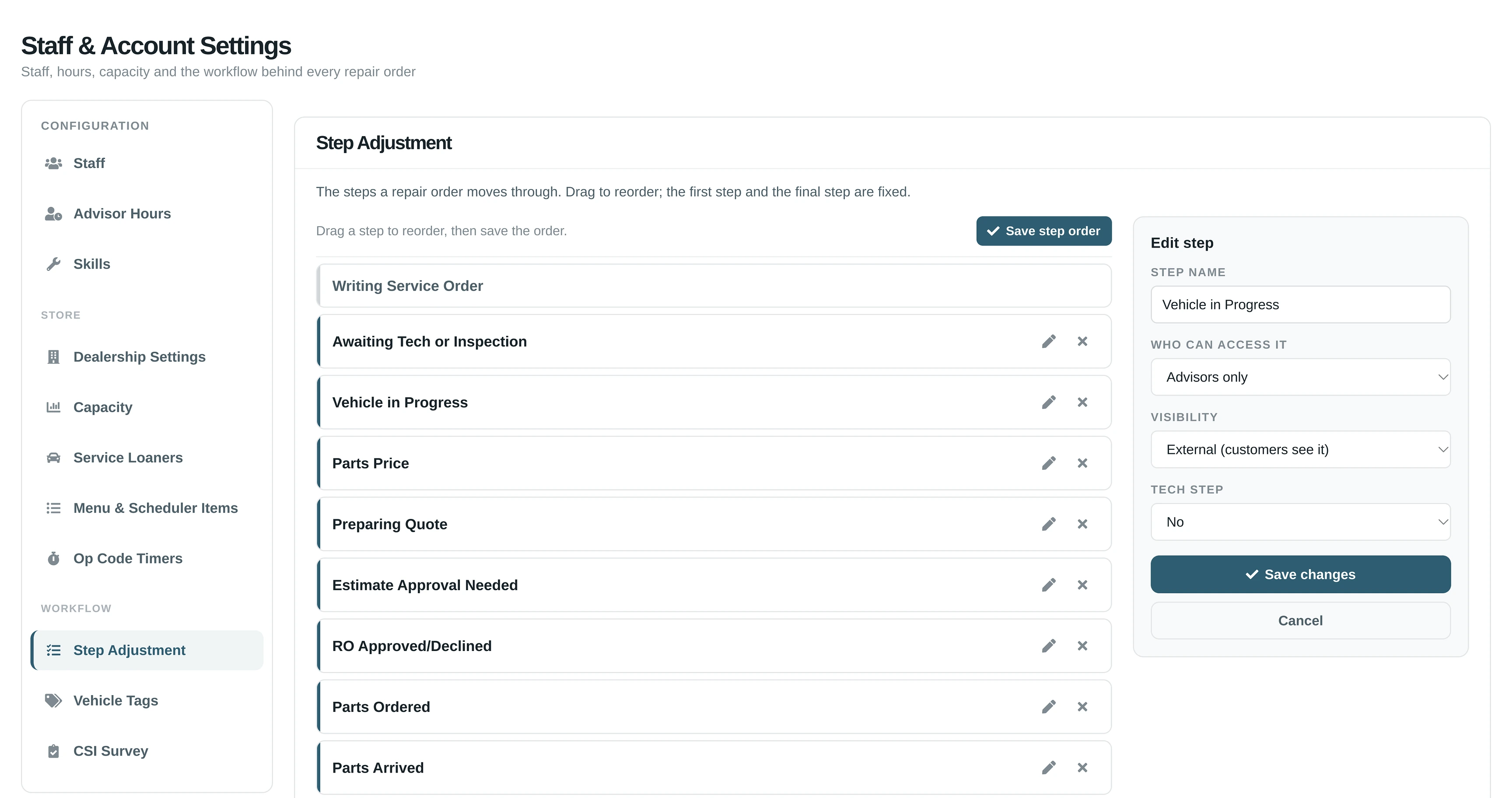 Status Plus step settings: the store’s repair order steps listed in order, starting with Writing Service Order, Awaiting Tech or Inspection and Vehicle in Progress